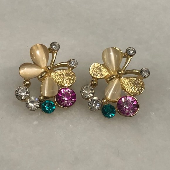 Gold Butterfly Earrings With Colorful Diamonds - Picture 2 of 4